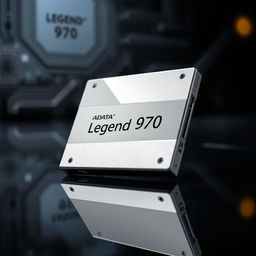 An Adata Legend 970 SSD, sleek and modern design showcasing its compact size and metallic finish