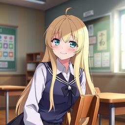 A 20-year-old anime-style girl with long blonde hair and bright blue eyes, wearing a stylish school uniform