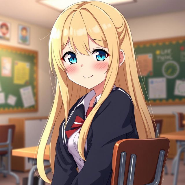 A 20-year-old anime-style girl with long blonde hair and bright blue eyes, wearing a stylish school uniform