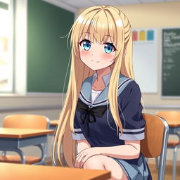 A 20-year-old anime-style girl with long blonde hair and bright blue eyes, wearing a stylish school uniform