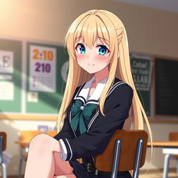 A 20-year-old anime-style girl with long blonde hair and bright blue eyes, wearing a stylish school uniform