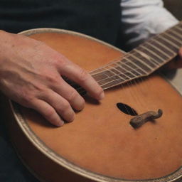 A close-up shot of skillful hands softly strumming the strings of a saz, a traditional Turkish instrument. The fingers are pulsing with rhythm, caressing the cords, creating beautiful, soulful melodies.