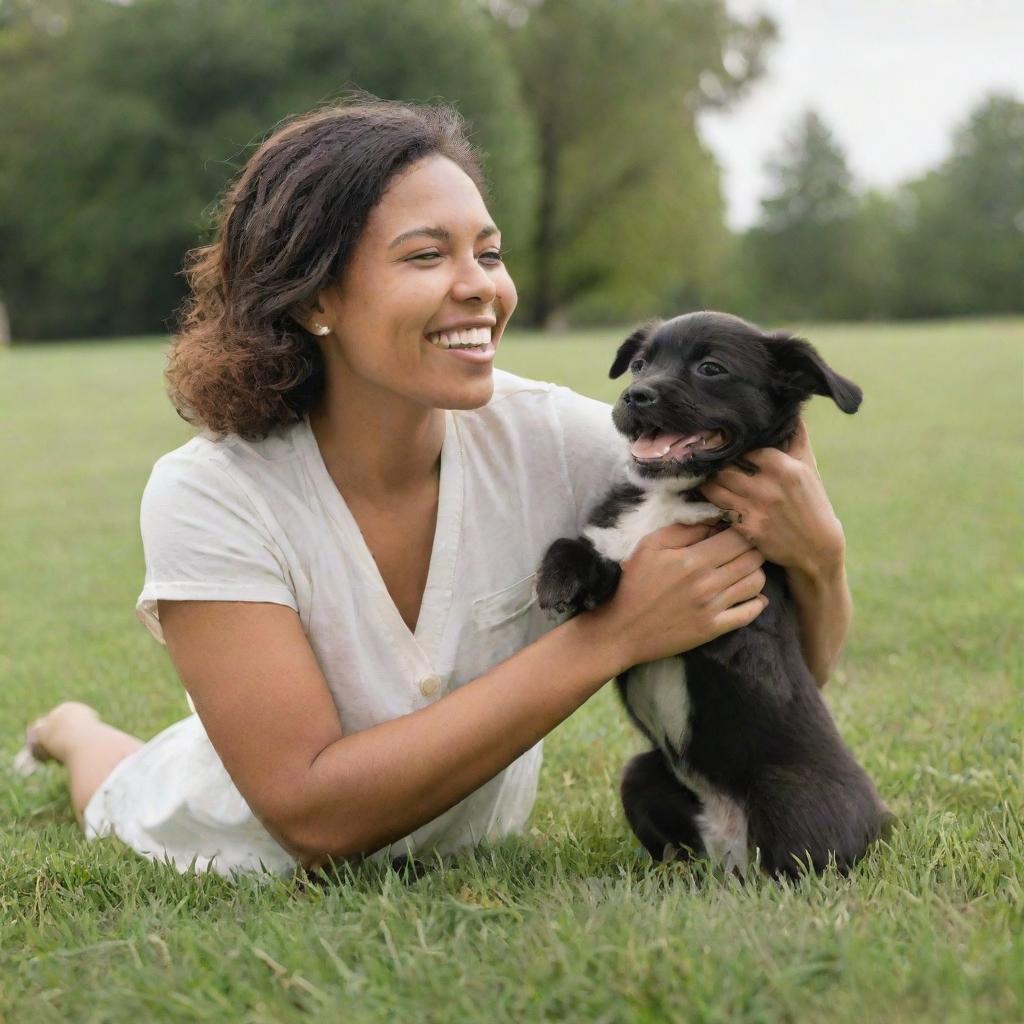 A cheerful woman engaging in a lively, heartwarming moment with her adorable puppy in a grassy park.