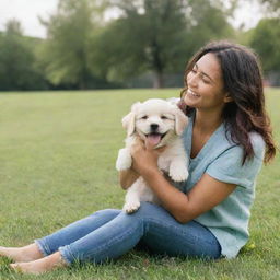 A cheerful woman engaging in a lively, heartwarming moment with her adorable puppy in a grassy park.