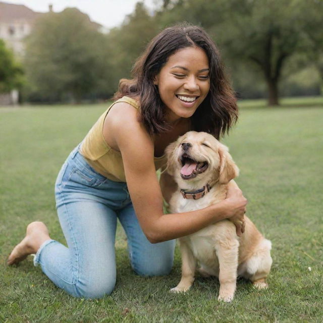 A cheerful woman engaging in a lively, heartwarming moment with her adorable puppy in a grassy park.