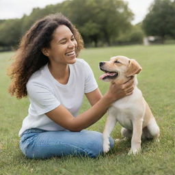 A cheerful woman engaging in a lively, heartwarming moment with her adorable puppy in a grassy park.