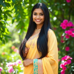 A beautiful young Indian woman with long black hair and brown skin, dressed in elegant traditional attire with intricate embroidery