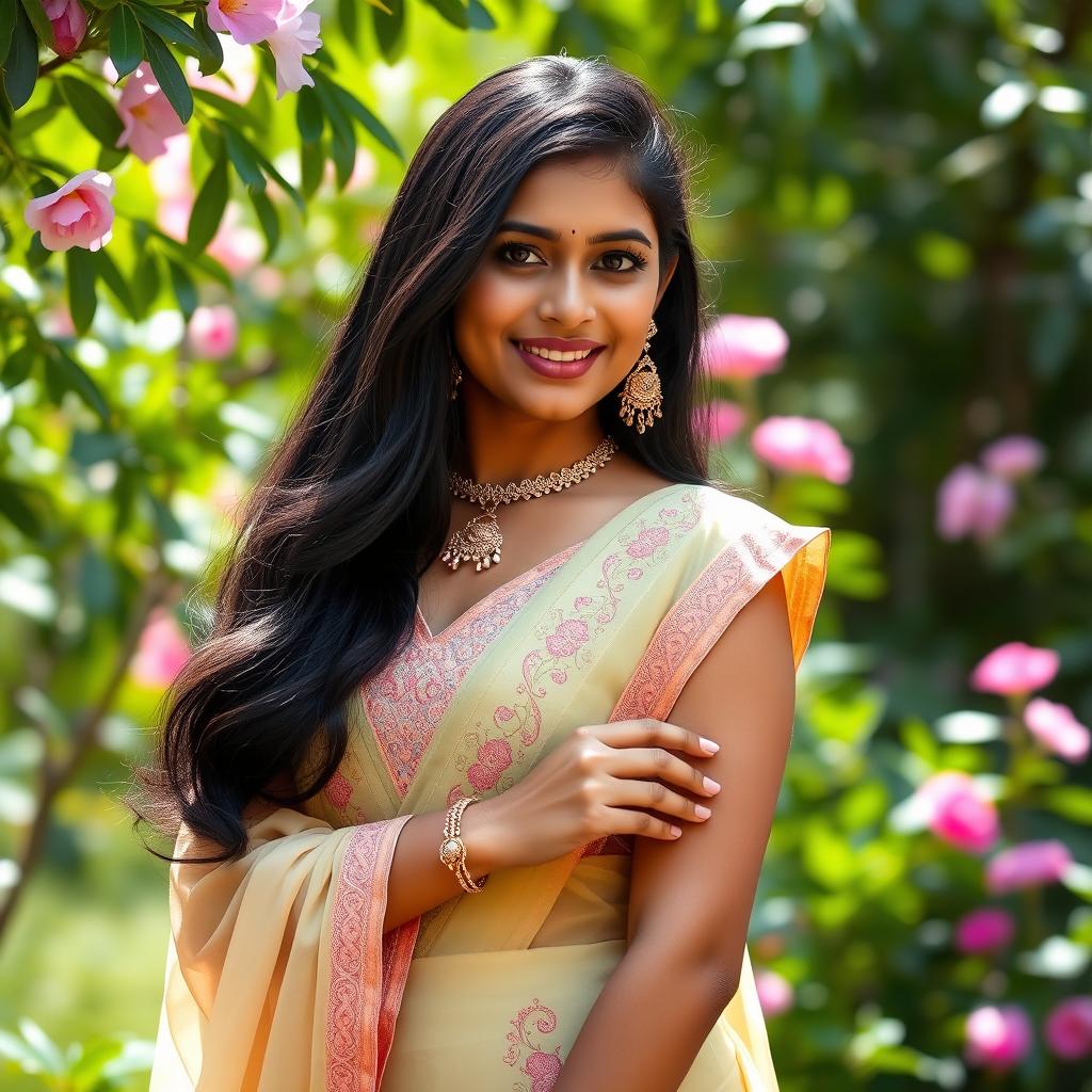 A beautiful young Indian woman with long black hair and brown skin, dressed in elegant traditional attire with intricate embroidery