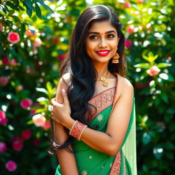 A beautiful young Indian woman with long black hair and brown skin, dressed in elegant traditional attire with intricate embroidery