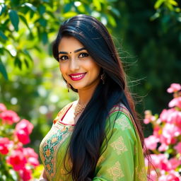 A beautiful young Indian woman with long black hair and brown skin, dressed in elegant traditional attire with intricate embroidery