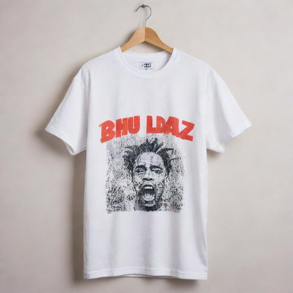 A grime-streaked white t-shirt with 'B H U L A D A Z' boldly displayed over the front. It is decorated with a variety of unique designs contrasting well against the dirty white backdrop.