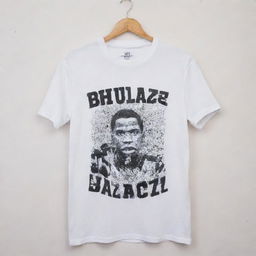 A grime-streaked white t-shirt with 'B H U L A D A Z' boldly displayed over the front. It is decorated with a variety of unique designs contrasting well against the dirty white backdrop.