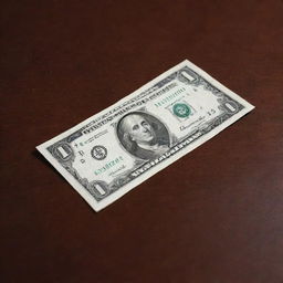 A crisp, clean dollar bill, laid flat against a rich mahogany table.