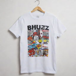 A grime-streaked white t-shirt with 'B H U L A D A Z' boldly displayed over the front. It is decorated with a variety of unique designs contrasting well against the dirty white backdrop.