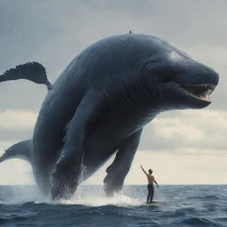 A majestic, fantastical hybrid creature combining the features of a man and whale, with the human's torso emerging from the body of the giant mammal, which has powerful flippers and a massive tail.