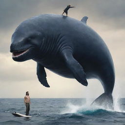 A majestic, fantastical hybrid creature combining the features of a man and whale, with the human's torso emerging from the body of the giant mammal, which has powerful flippers and a massive tail.