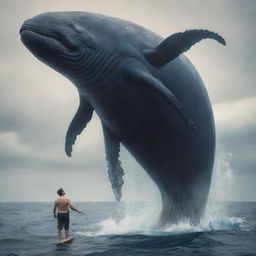 A majestic, fantastical hybrid creature combining the features of a man and whale, with the human's torso emerging from the body of the giant mammal, which has powerful flippers and a massive tail.