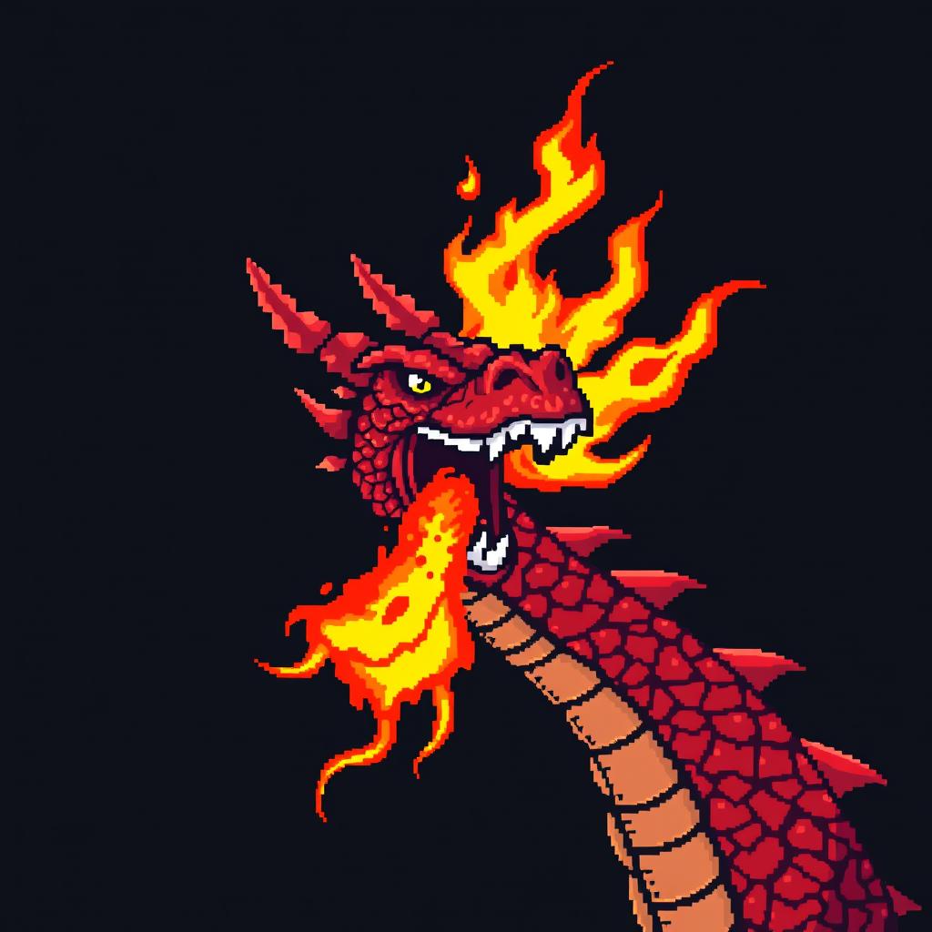 A striking pixel art illustration of a red dragon's head with its mouth wide open, releasing a vibrant and eye-catching flame