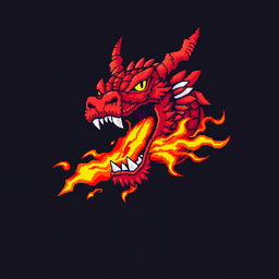 A striking pixel art illustration of a red dragon's head with its mouth wide open, releasing a vibrant and eye-catching flame