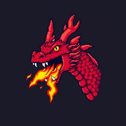 A striking pixel art illustration of a red dragon's head with its mouth wide open, releasing a vibrant and eye-catching flame