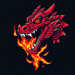 A striking pixel art illustration of a red dragon's head with its mouth wide open, releasing a vibrant and eye-catching flame