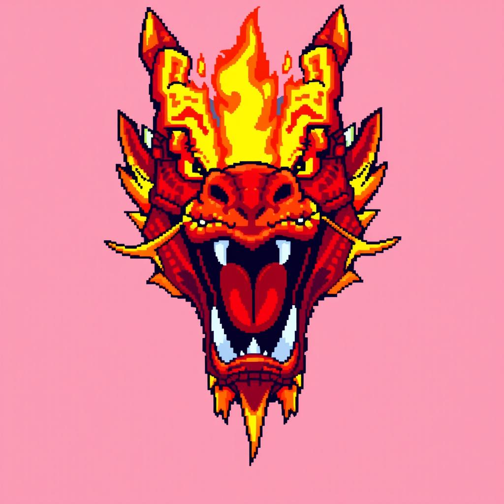 A large pixel art illustration of a red dragon's head, featuring an open mouth breathing vivid flames directly towards the viewer