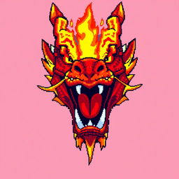 A large pixel art illustration of a red dragon's head, featuring an open mouth breathing vivid flames directly towards the viewer