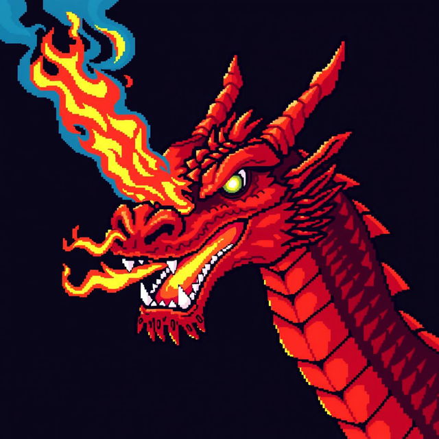 A large pixel art illustration of a red dragon's head, featuring an open mouth breathing vivid flames directly towards the viewer