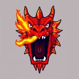 A large pixel art illustration of a red dragon's head, featuring an open mouth breathing vivid flames directly towards the viewer