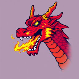 A large pixel art illustration of a red dragon's head, featuring an open mouth breathing vivid flames directly towards the viewer