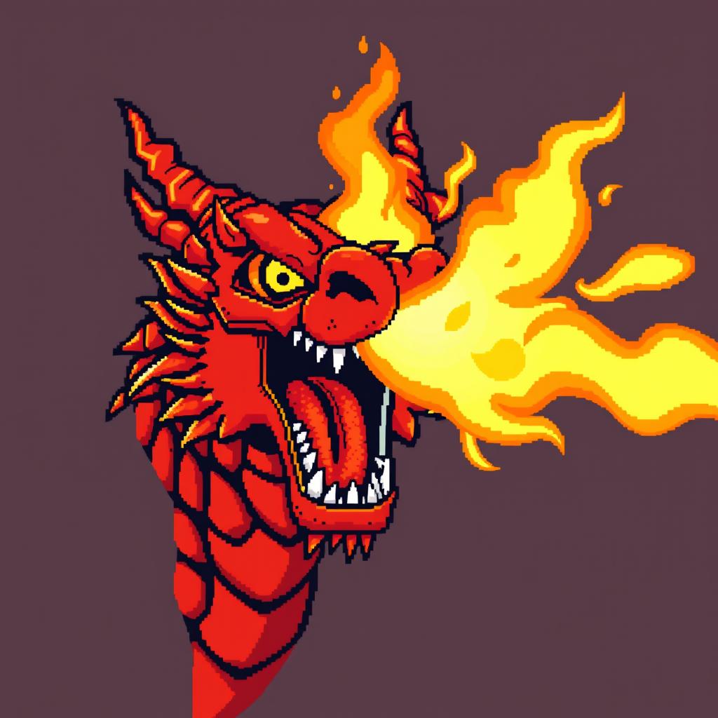 A large pixel art illustration of a striking red dragon's head, featuring an open mouth expelling bright, eye-catching flames aimed directly at the viewer