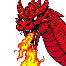 A large pixel art illustration of a striking red dragon's head, featuring an open mouth expelling bright, eye-catching flames aimed directly at the viewer