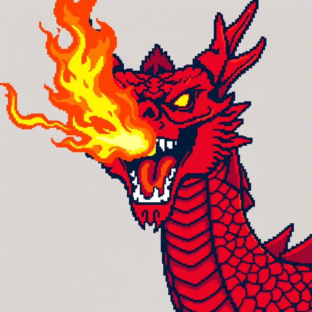 A large pixel art illustration of a striking red dragon's head, featuring an open mouth expelling bright, eye-catching flames aimed directly at the viewer