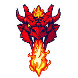 A large pixel art illustration of a striking red dragon's head, featuring an open mouth expelling bright, eye-catching flames aimed directly at the viewer