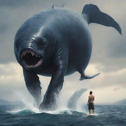 A majestic, fantastical hybrid creature combining the features of a man and whale, with the human's torso emerging from the body of the giant mammal, which has powerful flippers and a massive tail.