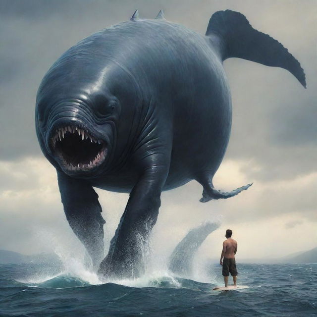 A majestic, fantastical hybrid creature combining the features of a man and whale, with the human's torso emerging from the body of the giant mammal, which has powerful flippers and a massive tail.