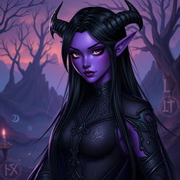 A female tiefling with striking purple skin, glowing black eyes, and long, straight black hair that cascades down her shoulders