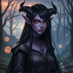 A female tiefling with striking purple skin, glowing black eyes, and long, straight black hair that cascades down her shoulders