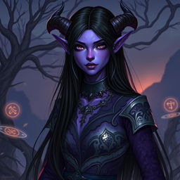 A female tiefling with striking purple skin, glowing black eyes, and long, straight black hair that cascades down her shoulders