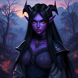 A female tiefling with striking purple skin, glowing black eyes, and long, straight black hair that cascades down her shoulders