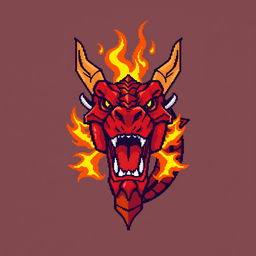 A large pixel art design of a fierce red dragon's head, with its mouth wide open and shooting bright, eye-catching flames straight towards the viewer