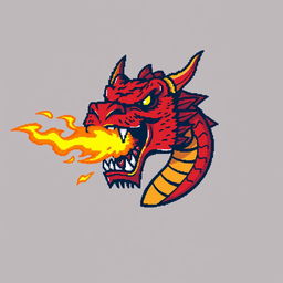 A large pixel art design of a fierce red dragon's head, with its mouth wide open and shooting bright, eye-catching flames straight towards the viewer