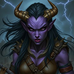 A fierce female tiefling with deep purple skin, intense black eyes, and long, straight black hair flowing wildly