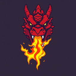 A large pixel art design of a fierce red dragon's head, with its mouth wide open and shooting bright, eye-catching flames straight towards the viewer