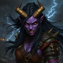 A fierce female tiefling with deep purple skin, intense black eyes, and long, straight black hair flowing wildly