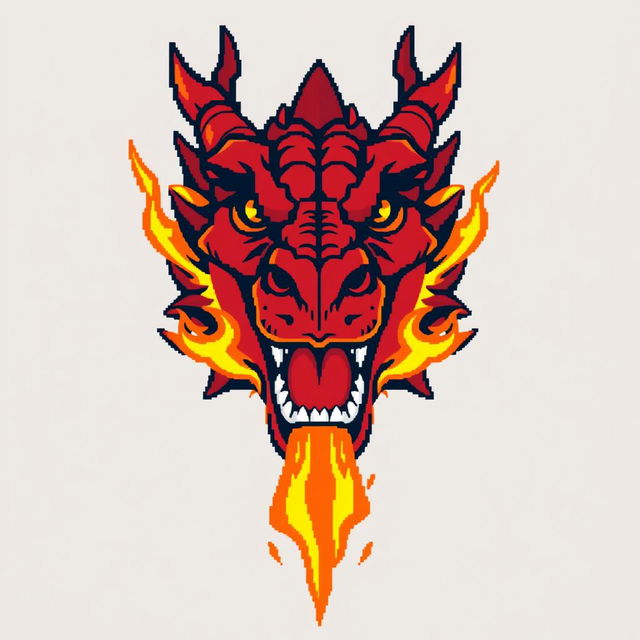 A large pixel art design of a fierce red dragon's head, with its mouth wide open and shooting bright, eye-catching flames straight towards the viewer