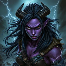 A fierce female tiefling with deep purple skin, intense black eyes, and long, straight black hair flowing wildly