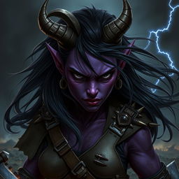 A fierce female tiefling with deep purple skin, intense black eyes, and long, straight black hair flowing wildly