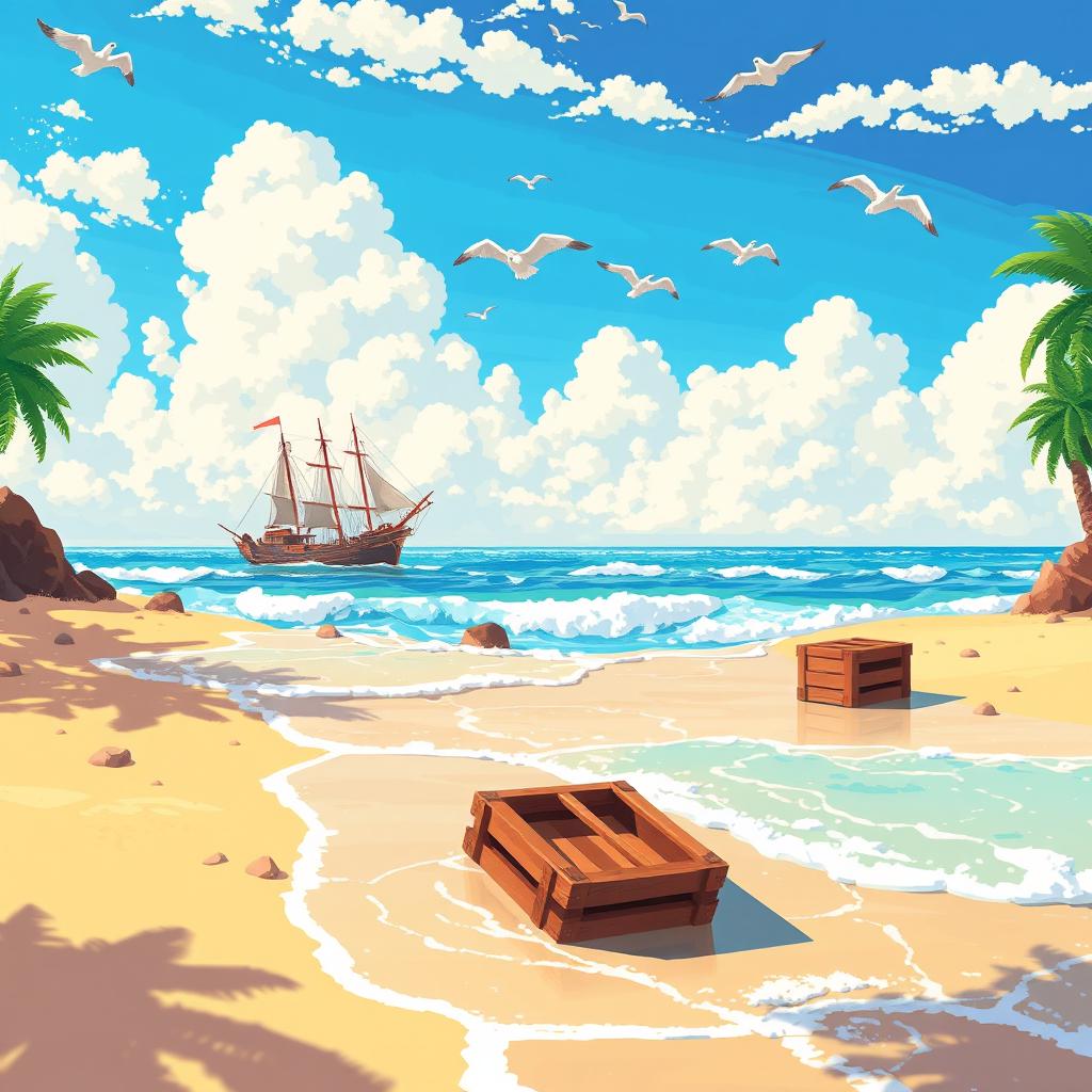 A vibrant and colorful pixelated beach scene featuring golden sand and soft, rolling waves under a clear blue sky dotted with fluffy clouds