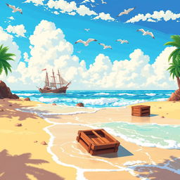 A vibrant and colorful pixelated beach scene featuring golden sand and soft, rolling waves under a clear blue sky dotted with fluffy clouds